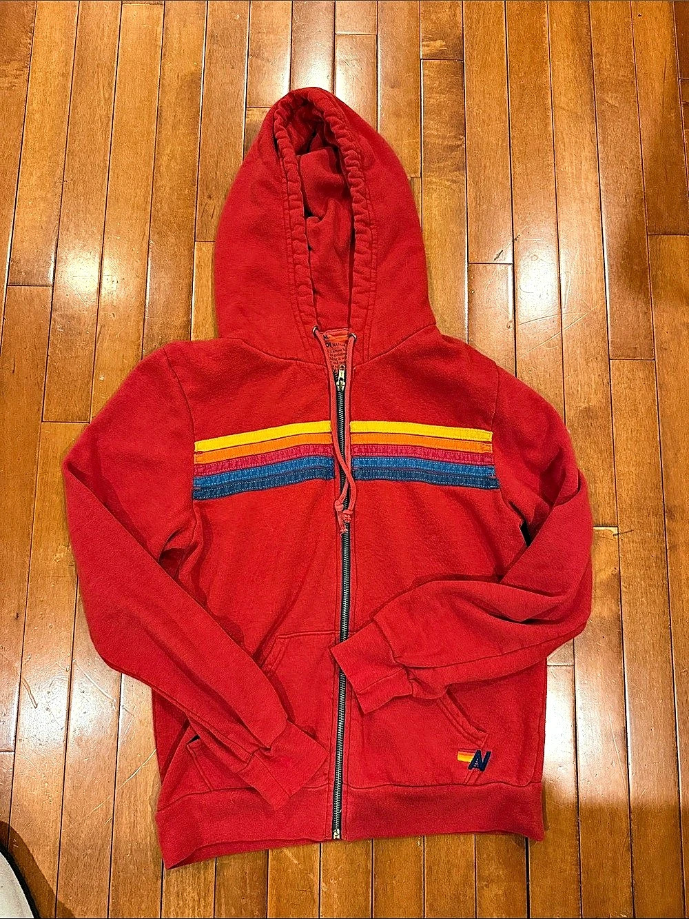 Aviator Nation 5 Stripe Zip Up Hoodie Red with stripes. Size Medium
